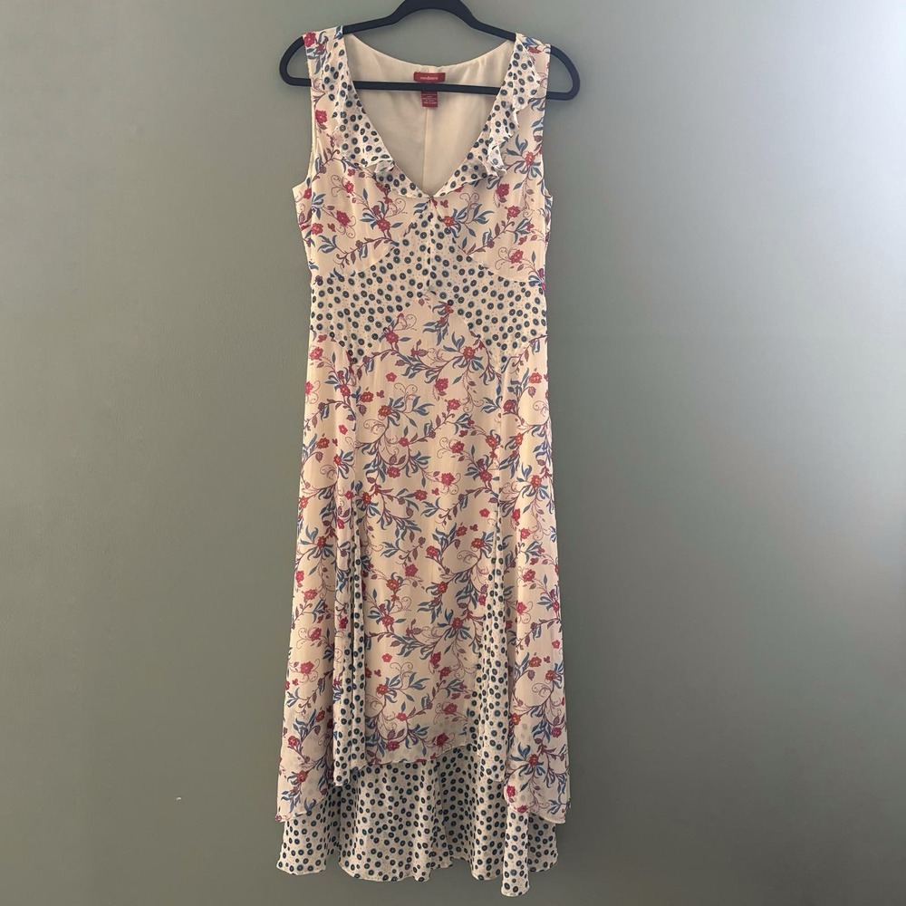 Sundance Cream Floral & Polka Dot V-Neck Midi Dress with Blue and Red Accents